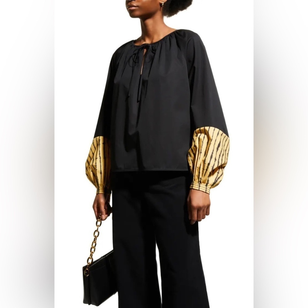 Tory‎ Burch Sunset Stripe Colorblock Blouson-Sleeve Top Black 2
